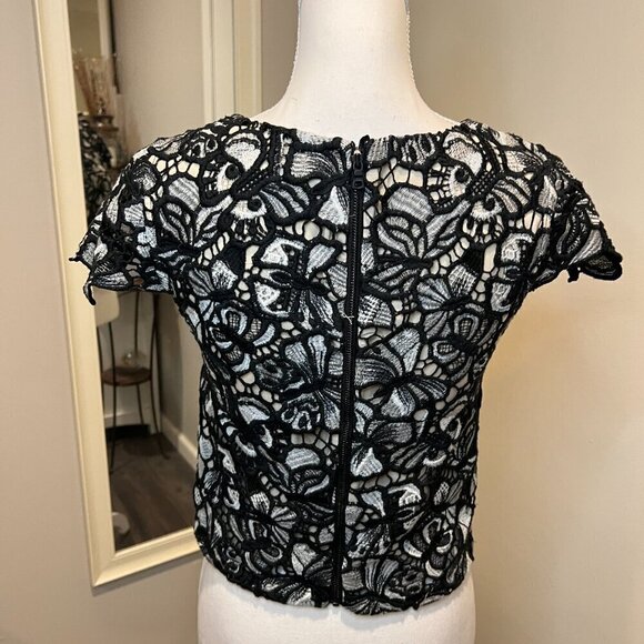 Alice + Olivia Butterfly and Flower Black Lace Top, Size Small - Picture 10 of 14